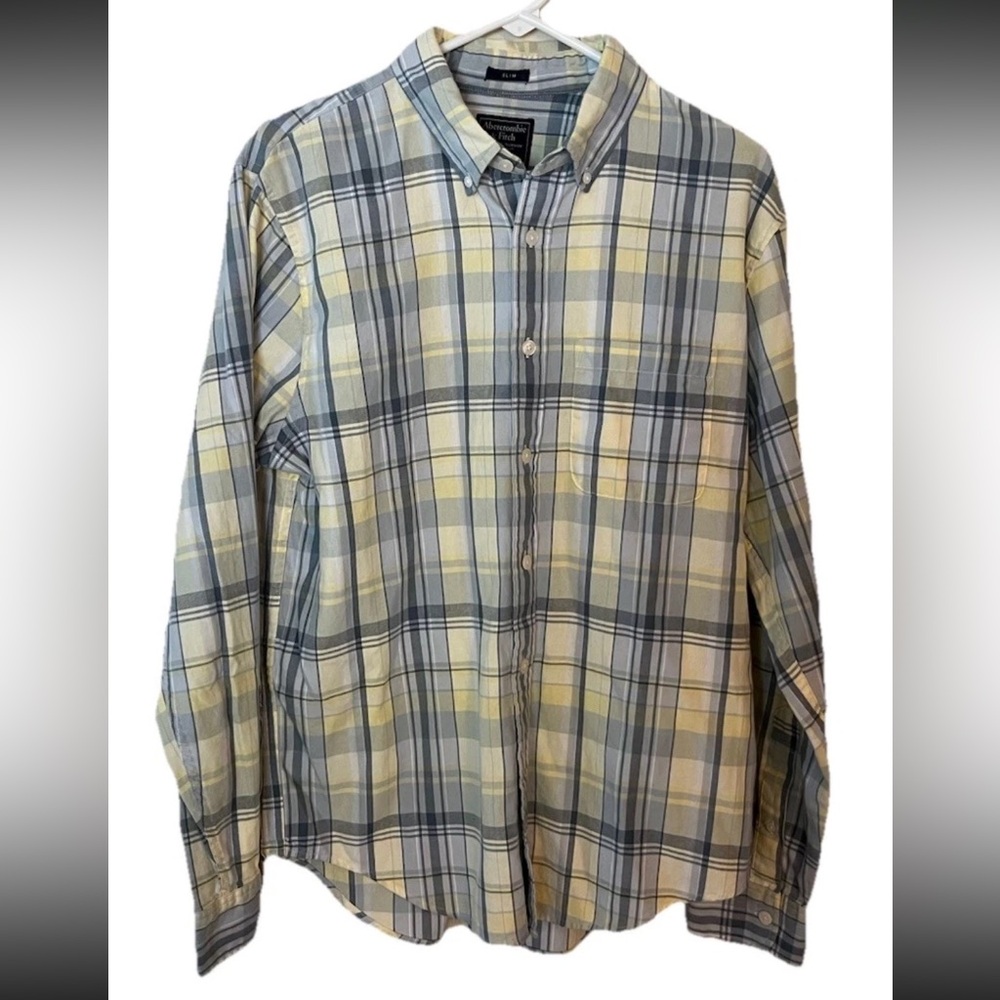 Abercrombie Fitch Shirt Men’s Size L Blue Yellow Plaid Flannel Long Sleeve Logo